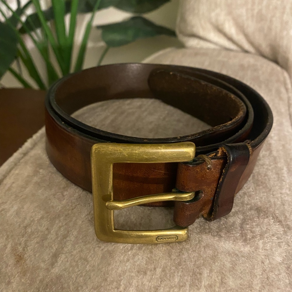 Coach Men's Brown Dress Belt Brass Buckle Adjustable Classic Solid Size 38